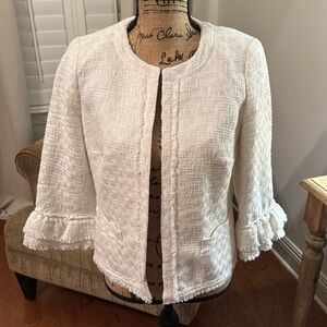 Talbots Cream Tweed Fringe Trim 3/4 Sleeve Blazer 8P